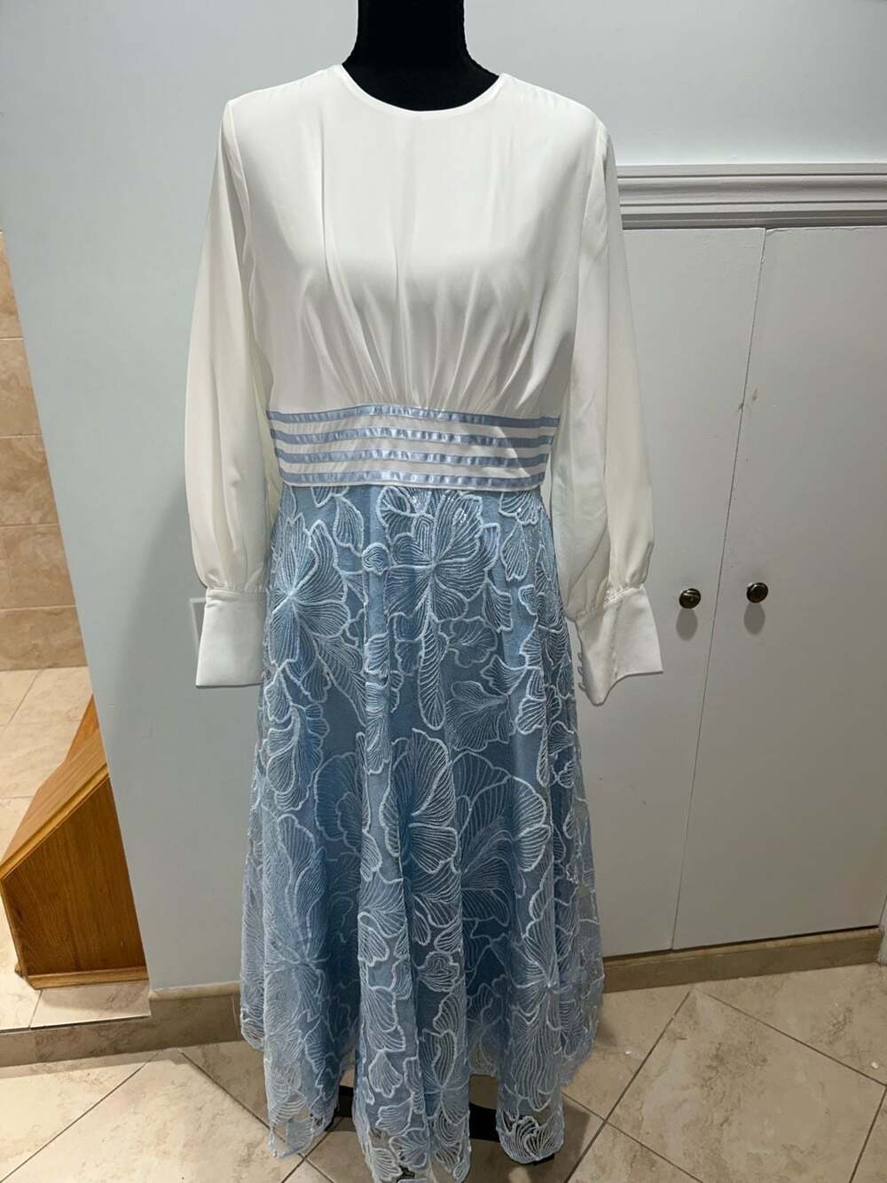 Eshet Chayil Dress White Blue Floral Lace Long Sleeve Maxi